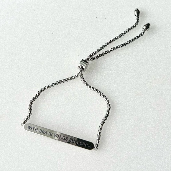 SLIDER ID Type Bracelet With Brave Wings She Flies Quote up to 10” Silver Tone - Picture 1 of 5